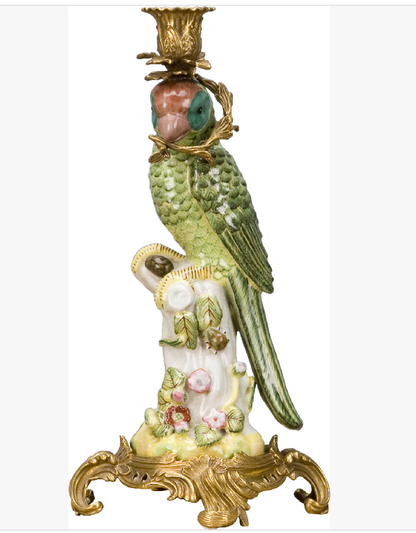 PAIR Porcelain Green Parrot w/ Ormalu C/H 14.5"h