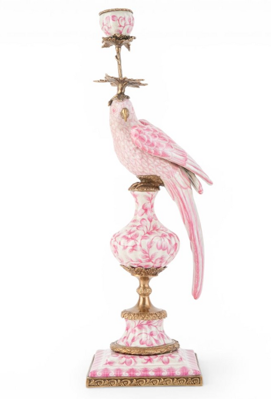 PAIR Pink Floral Porc Parrot Candleholders 19"h