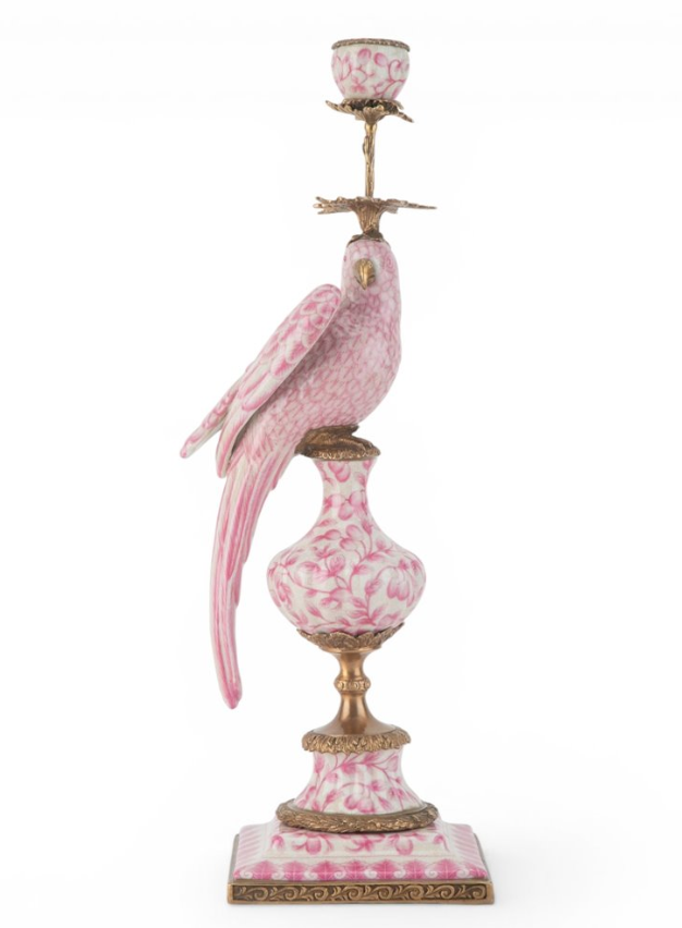 PAIR Pink Floral Porc Parrot Candleholders 19"h
