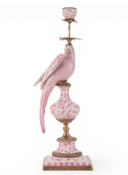 PAIR Pink Floral Porc Parrot Candleholders 19"h