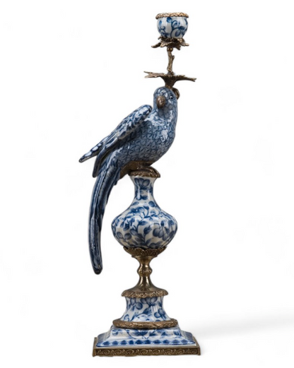PAIR Blue Floral Porc Parrot Candleholders 19"h