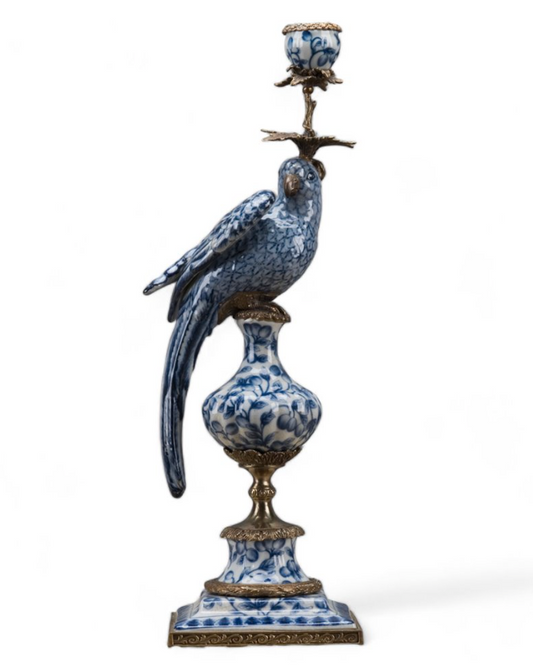 PAIR Blue Floral Porc Parrot Candleholders 19"h
