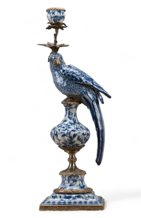 PAIR Blue Floral Porc Parrot Candleholders 19"h