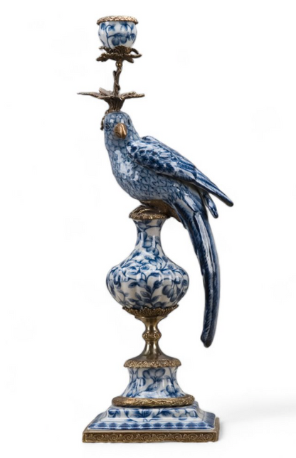 PAIR Blue Floral Porc Parrot Candleholders 19"h