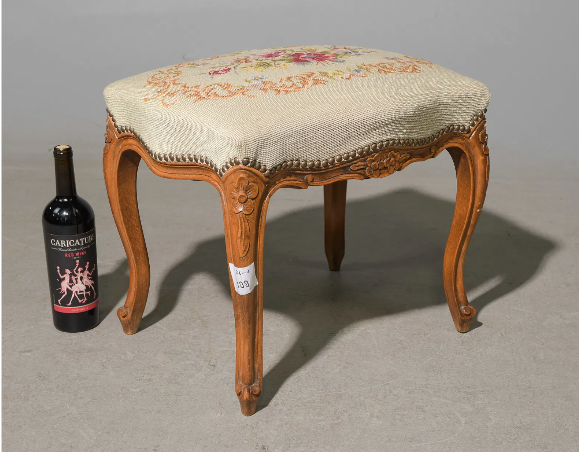 French Louis Style Needlepoint Stool 18.5x14x16"h