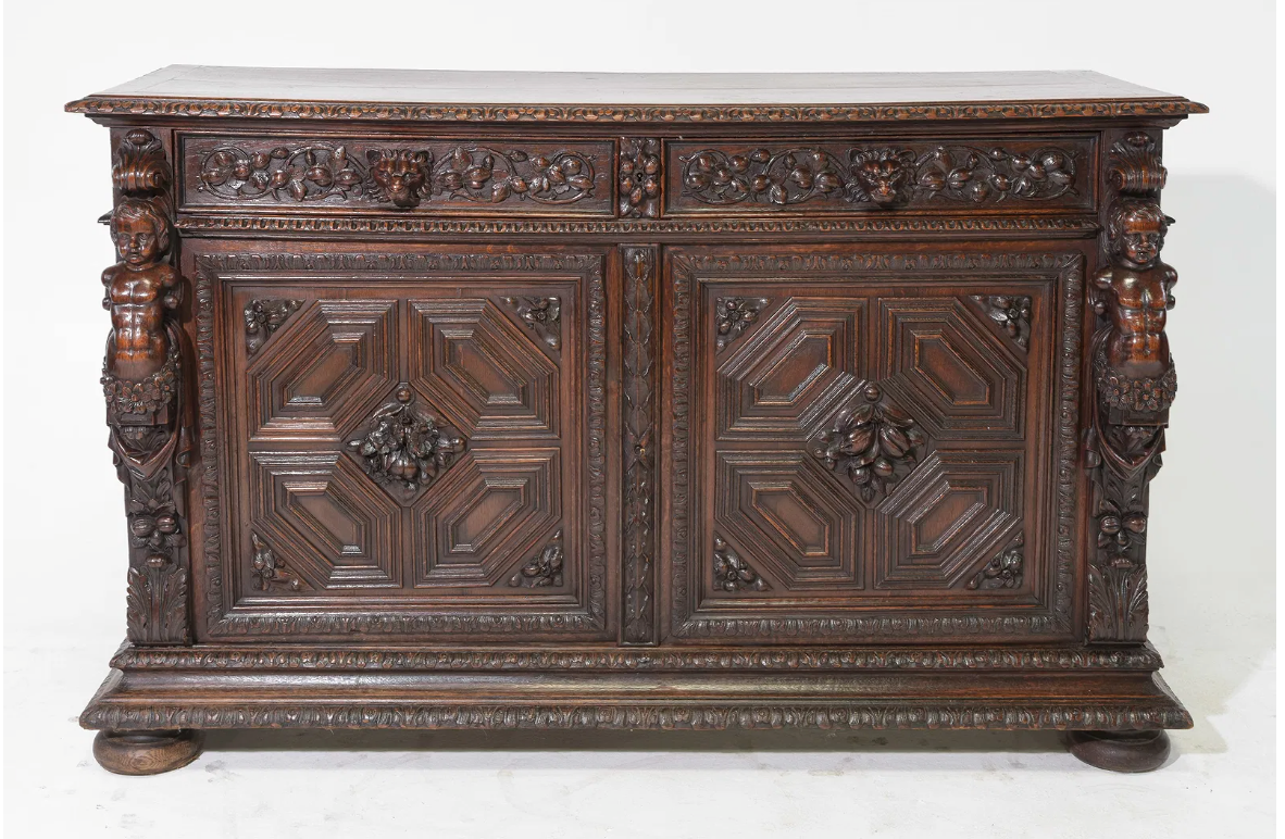 Renaissance Style Carved Oak Buffet c.1890 64x24x39.5"h