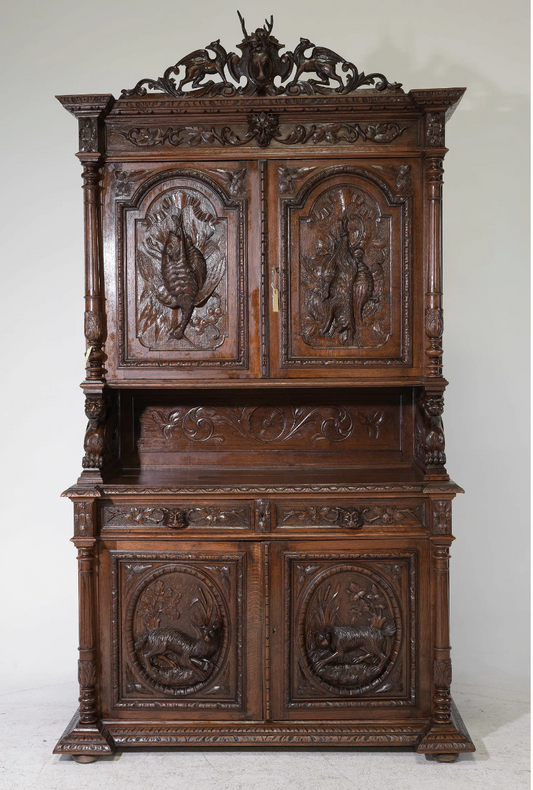 Carved Oak Hunt Cabinet 55x25.5x102"h