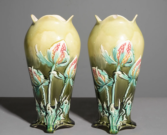 PAIR Signed 1890s De Bruyn Vases 6x12.25"h