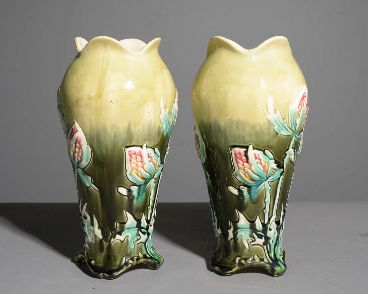 PAIR Signed 1890s De Bruyn Vases 6x12.25"h