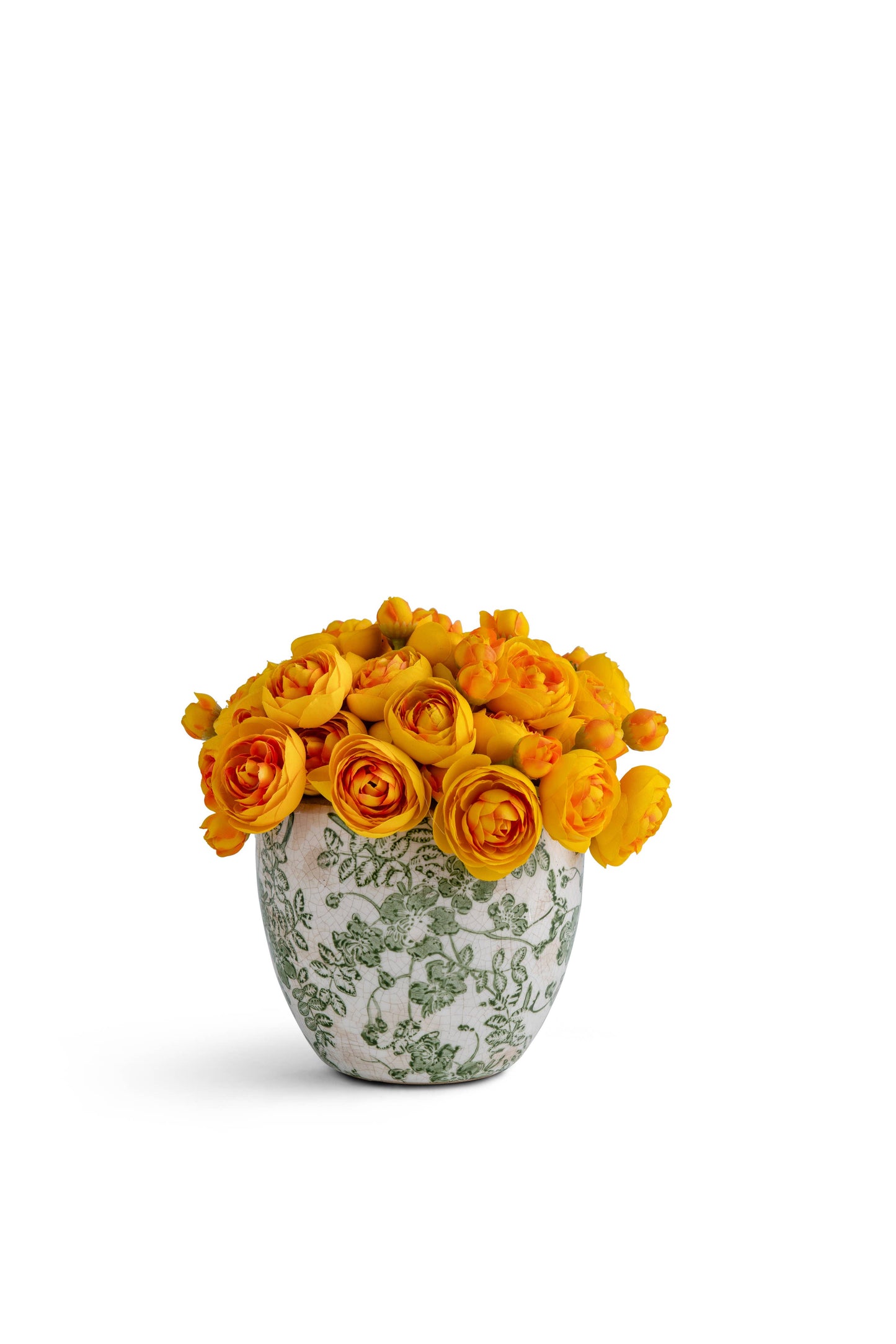 Pave baby Ranunculus in Green and White ceramic: Pink