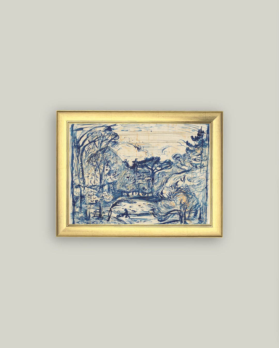Forest with Woodcutter Framed Antique Art: 11x9
