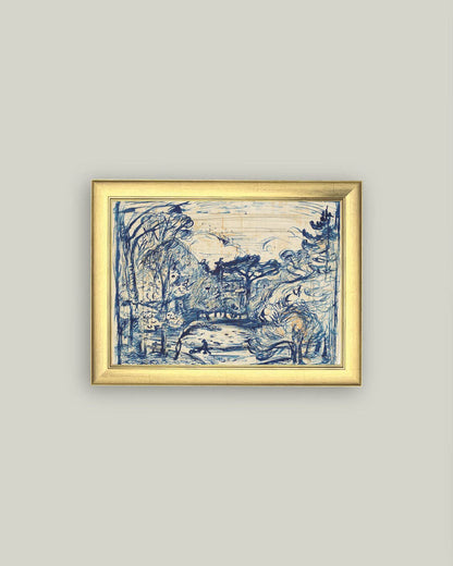 Forest with Woodcutter Framed Antique Art: 11x9