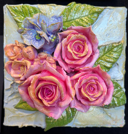 6X6 inch Rose Buds Sculpted Floral Bouquet Artwork
