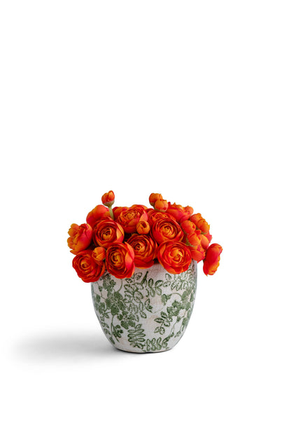 Pave baby Ranunculus in Green and White ceramic: Yellow