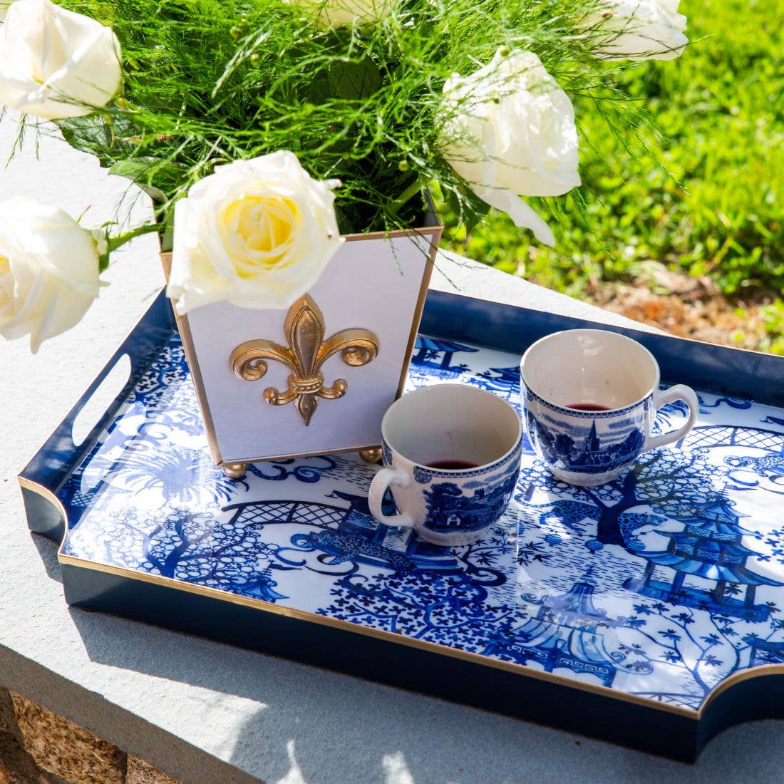 Garden Party Enameled Jaye Tray: White & Blue