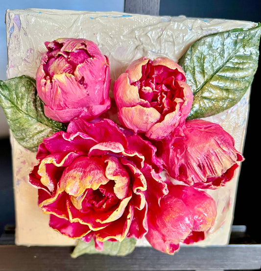 6X6 inch Open Peony w/buds Sculpted Floral Bouquet Art : Pink