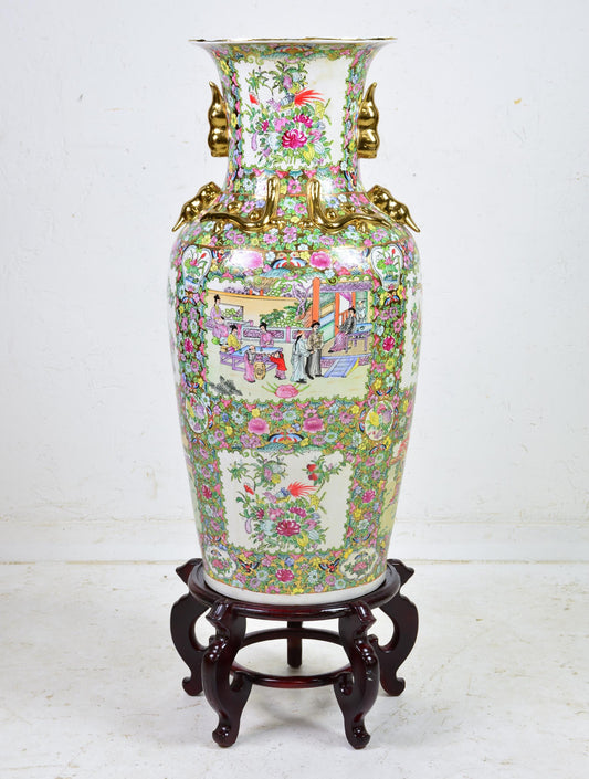 Pink Famille Vase on Stand 47h